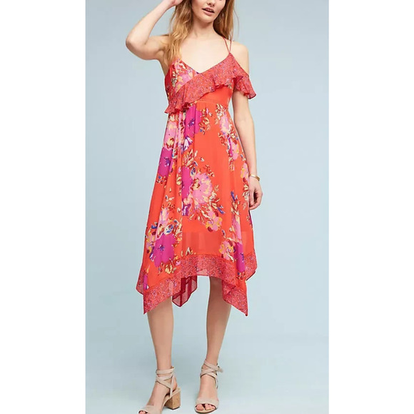 Maeve Dresses & Skirts - Maeve x Anthropologie Grecia Ruffle Dress Floral Red Handkerchief Hem Size 4